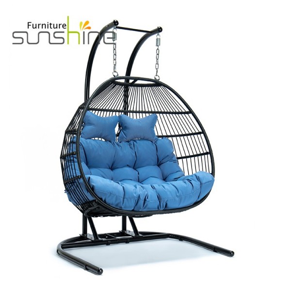 Uland Outdoor Rattan Garden Double Seater Swing Egg Chair Foldable With Metal Stand