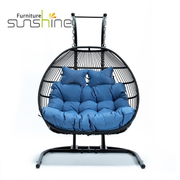 Uland Outdoor Rotin Garden Double Seater Swing Egg Chair Pliable Avec Support En Métal