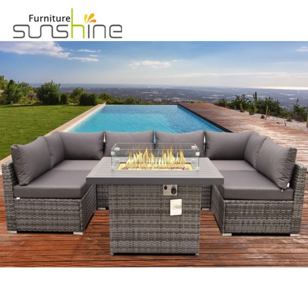 Good Quality Outdoor Rattan Wicker Gas Fire Pit Set With Sofa Set