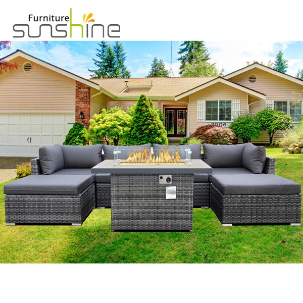 Propane Outdoor Garden Fire Pit Furniture Set Lounge Sofa Set Dengan Rectangular Fire Pit