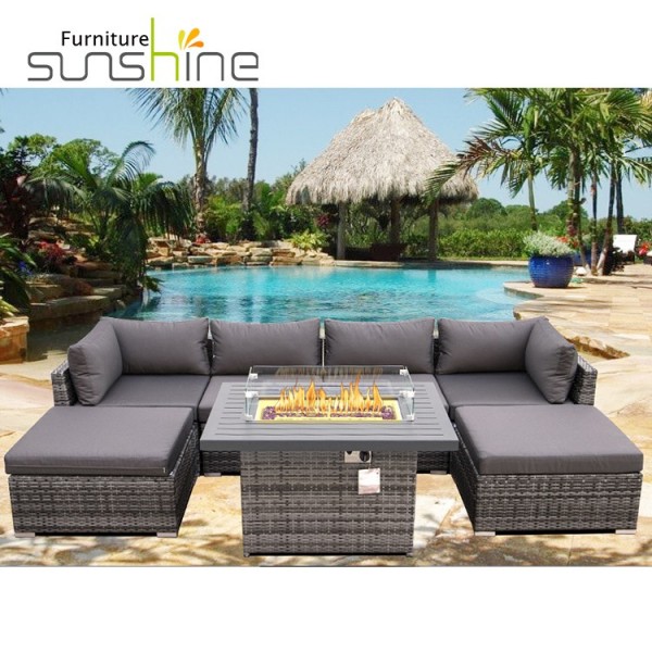 Propaan Outdoor Garden Fire Pit Furniture Set Lounge Sofa Set Met Rechthoekige Fire Pit