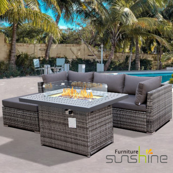 Ngoài trời Wicker Gas Pit Fire Table Bàn nhựa Gỗ hình chữ nhật Chống chịu thời tiết Khí đốt tự nhiên