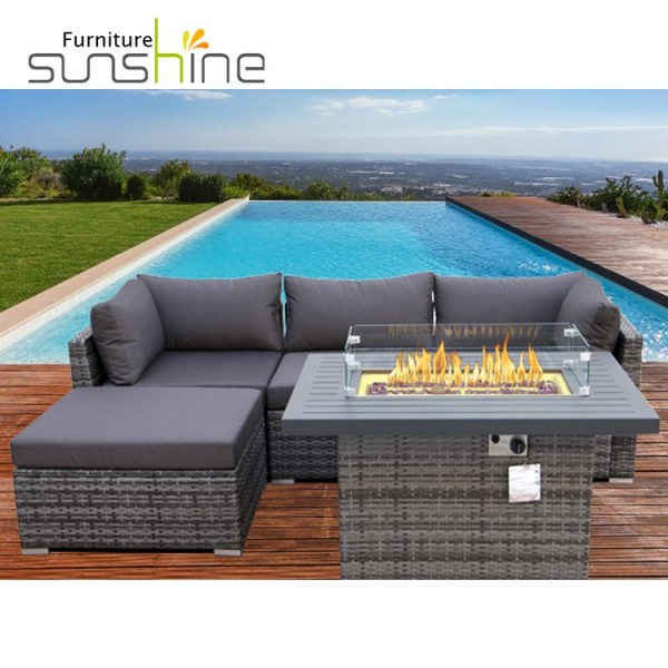 Outdoor Wicker Gas Fire Pit Table Plastic Wood Rectangular Table Weather Resistant Natural Gas Fire