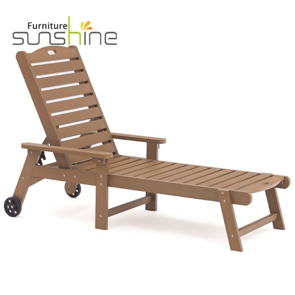 Sunshine Outdoor Beach Lounge Chair Plastic Wood Patio Pool Chaise Lounge Sun Bed With Wheels
