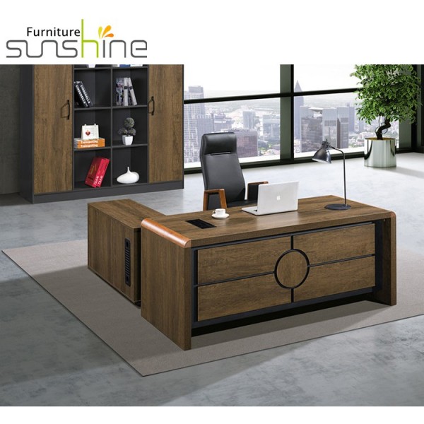 Mesa de oficina de gerente ejecutivo de gama alta en forma de L de madera con diseños tallados simples escritorio de jefe de gerente
