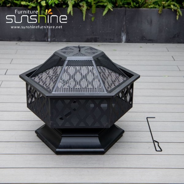 Tapa exterior de madera de acero hexagonal para barbacoa de carbón de leña hexagonal negra con estufa de fuego de anillo pequeño