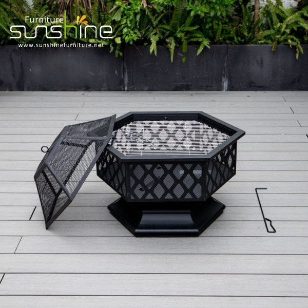 Black Hexagon Fire Pit Charcoal Bbq Hexagon Steel Wood Outdoor Lid With Small Ring Fire Stove