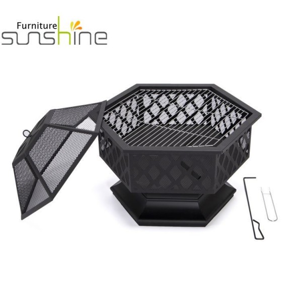 Outdoor Fireplace Steel Wood Burning Fire Pit Hex Shaped Fire Bowl Stove With Spark Screen Cover