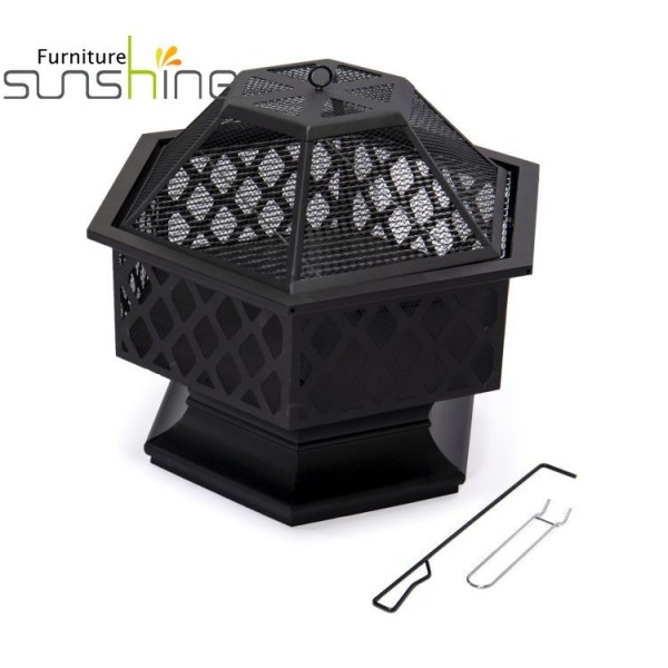 Outdoor Fireplace Steel Wood Burning Fire Pit Hex Shaped Fire Bowl Stove With Spark Screen Cover