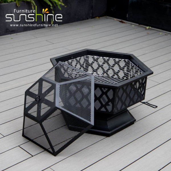 Black Hexagon Steel Grill Round Steel Deep Bowl For Outdoor Wood Stove With Mesh Lid