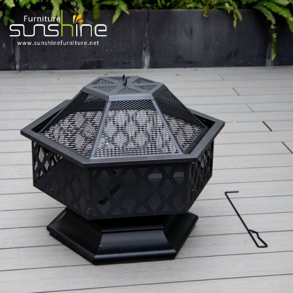 Schwarzer Hexagon-Stahlgrill, runde tiefe Stahlschüssel für Holzofen im Freien mit Netzdeckel