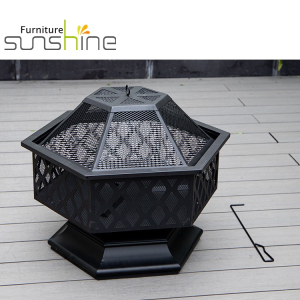 Schwarzer Hexagon-Feuerofen Stahl-Metallgitter-Feuerstelle im Freien Deckel mit kleinem Ring-Feuerofen