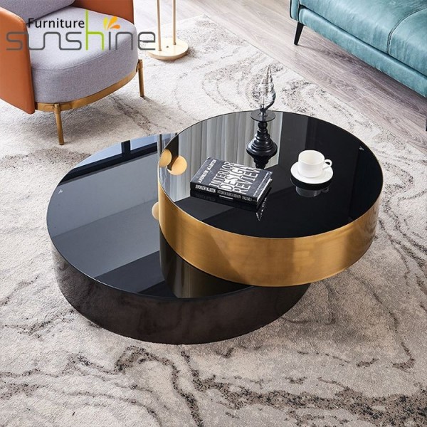 Light Rotation Coffee Table Black High Gloss Side Table Tempered Glass  Round Marble Coffee Tables