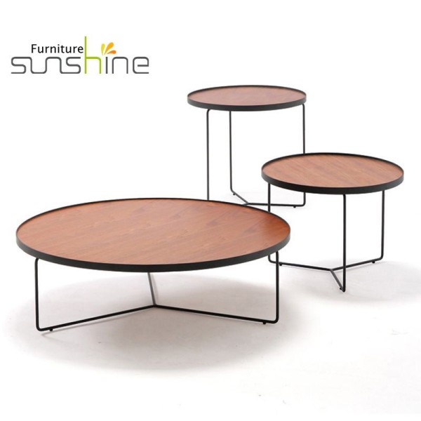 Round Wooden Coffee Table Designs Ash Wood Grain Panel + Solid Steel Frame Tea Table