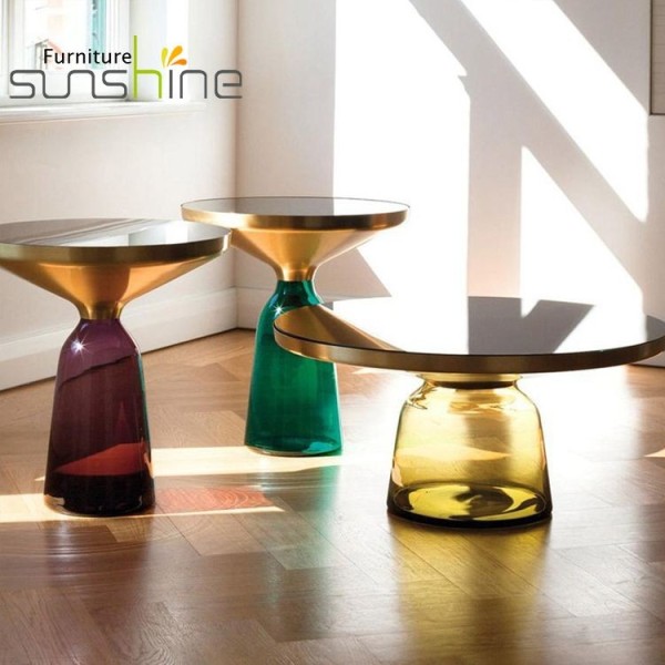ホットセールデザイナーサイドティーセンターコーヒーテーブルゴールドサイド丸型ガラスベースアートコーヒーテーブル