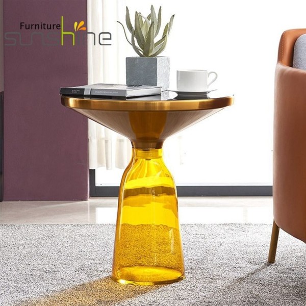 Hot Sale Designer Side Tea Center Coffee Table Gold Side Round Shape Glass Base Art Coffee Table