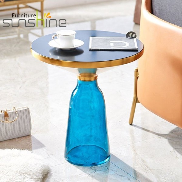 Mesa de esquina de vidrio redonda pequeña contemporánea Dia50 / 70 Cm Mesa de vidrio de campana de café con tapa de mármol