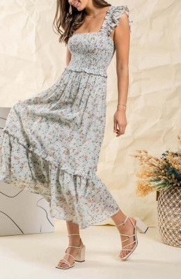 Vestido feminino maxi sem manga floral primavera 2023 com babados e babados