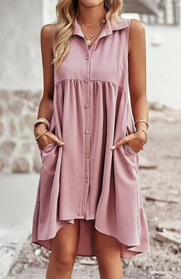 Vestido camisa rosa sem mangas alta-baixa - Feminino