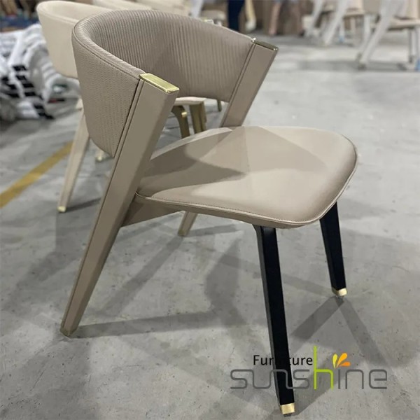 High Quality Modern Light Grey Leisure Chairs Stripe Wide Backrest Leather Design Steel Leg Dining Chair