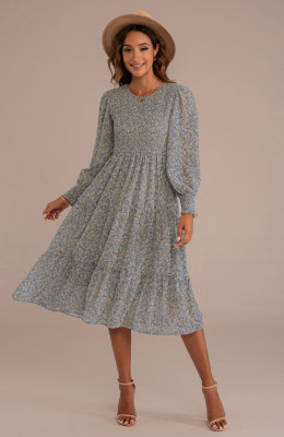 Long Sleeve Round Neck Tiered Floral Midi Dress