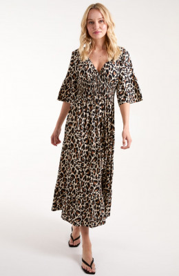 Midikleid mit Leopardenmuster, elastischem Halsausschnitt und geraffter Taille