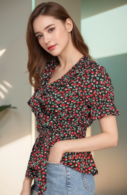 Tops peplum Blusa cruzada con volantes y cuello en V cruzado de fruta de cereza dulce