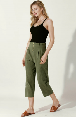 Katoenen elastische taille Lichtgewicht knopen Casual capribroeken