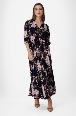 FLORAL 34 SLEEVE A-LINE MAXI DRESS IN NAVY