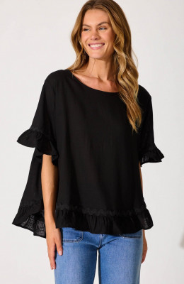 Top en mezcla de lino negro con ribete Ric Rac