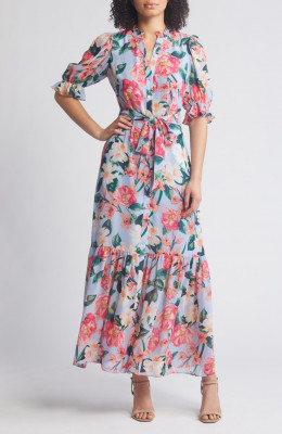 Vestido longo com cinto floral