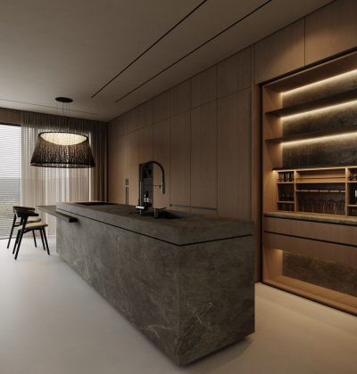 Armoires de cuisine sur mesure modernes et minimalistes à grain de bois