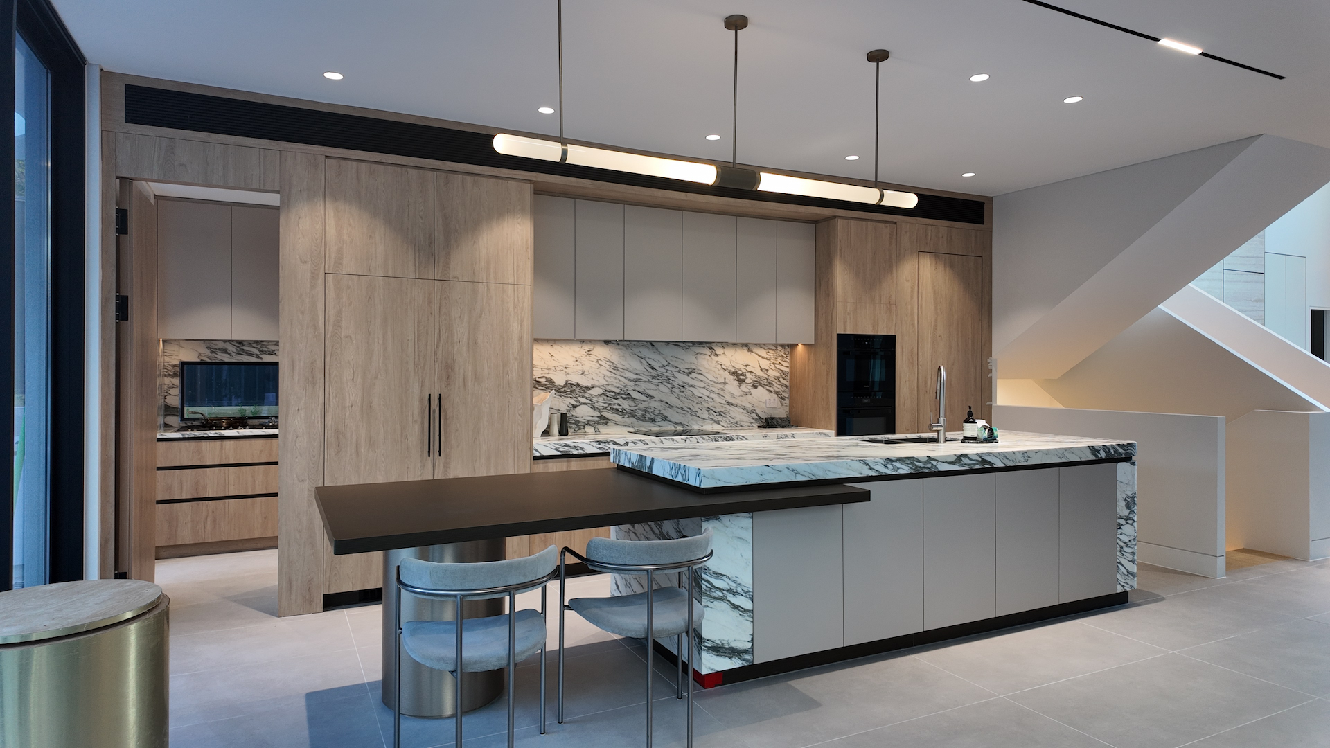 Contemporary Oak and Stone Joinery Project in Northbridge  Marble Kitchen Island  Textured Firepla