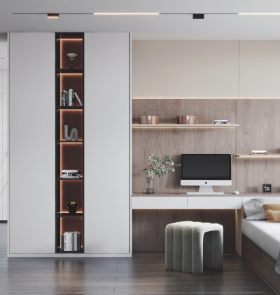 Bedroom Storage Set with Workstation Wardrobe and Open Shelves