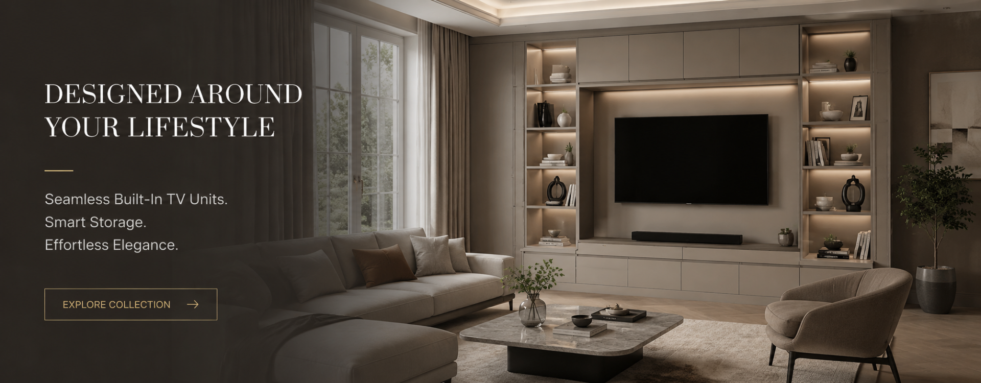 Luxurious custom living room with a built-in TV wall.