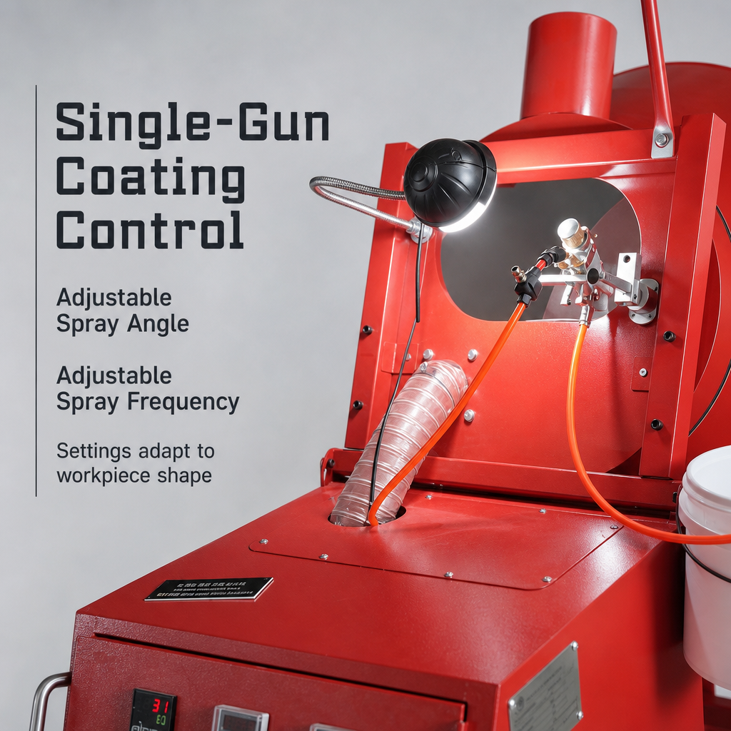 Máquina automática de pintura en aerosol para tambores, ideal para piezas pequeñas de madera de bambú, con control inteligente y escape automático. Máquina automática de pintura en aerosol para tambores, ideal para piezas pequeñas de madera de bambú, con control inteligente y escape automático.
