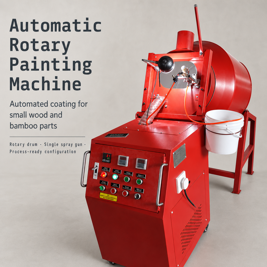 Máquina automática de pintura en aerosol para tambores, ideal para piezas pequeñas de madera de bambú. Control inteligente y escape automático.