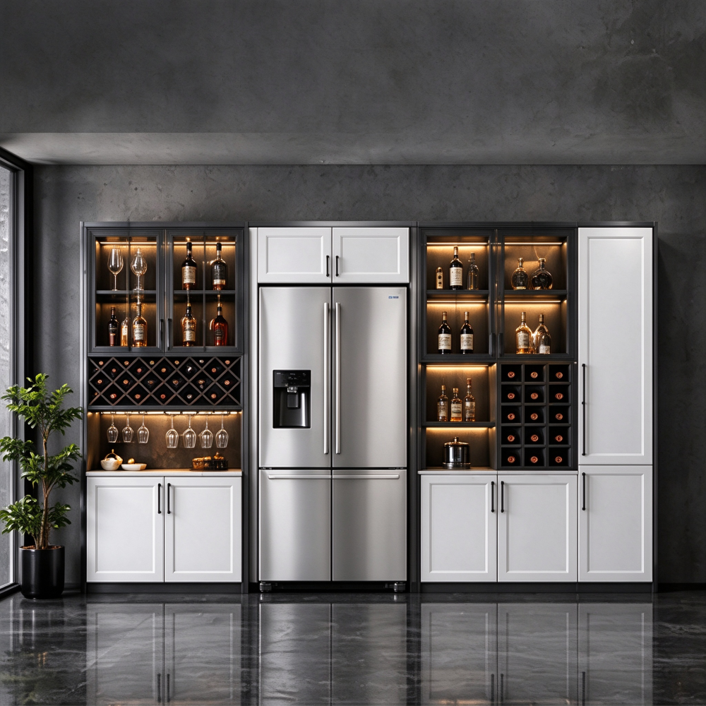 Modern Custom Wine Bar Cabinet with Led Lighting and Glass Doors {alt_attr_replace}