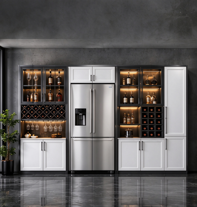 Modern Custom Wine Bar Cabinet with Led Lighting and Glass Doors