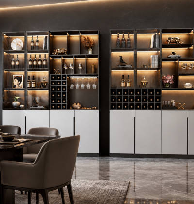 Custom Home Bar Cabinet with Wine Storage Glass Doors and Led Lighting
