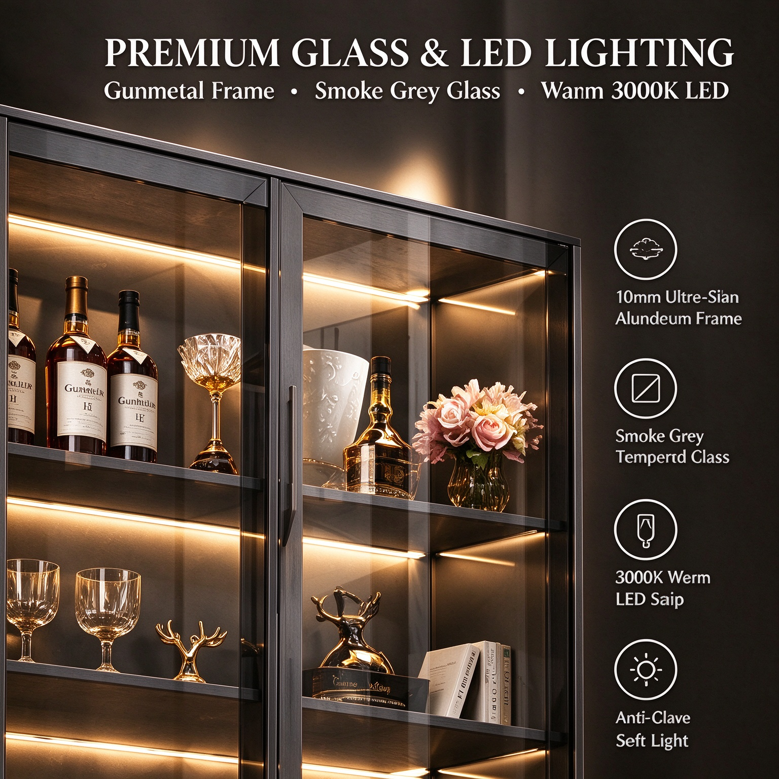 Luxury Wine Storage Cabinet with Glass Display Doors and Integrated LED Luxury Wine Storage Cabinet with Glass Display Doors and Integrated LED