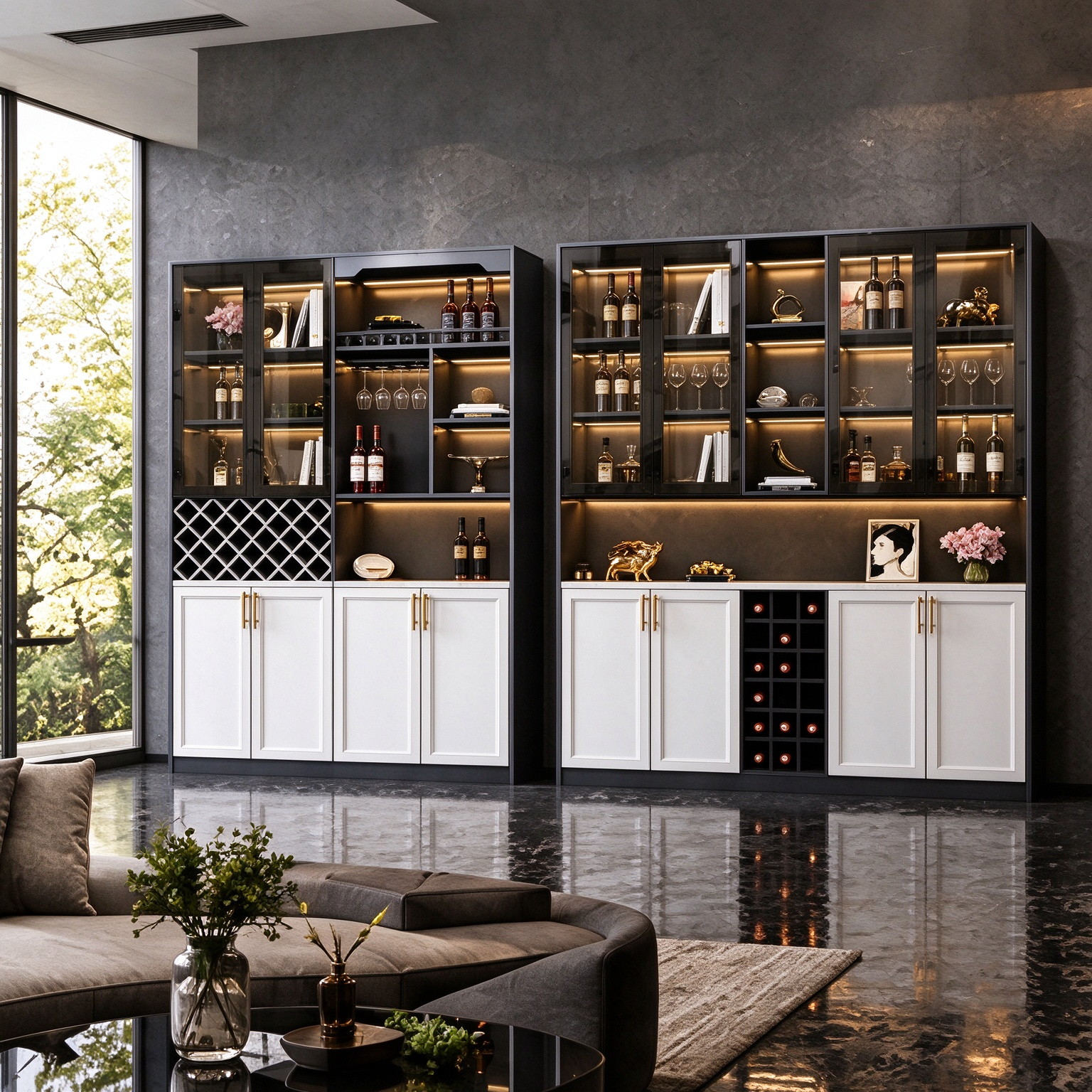 Luxury Wine Storage Cabinet with Glass Display Doors and Integrated LED Luxury Wine Storage Cabinet with Glass Display Doors and Integrated LED
