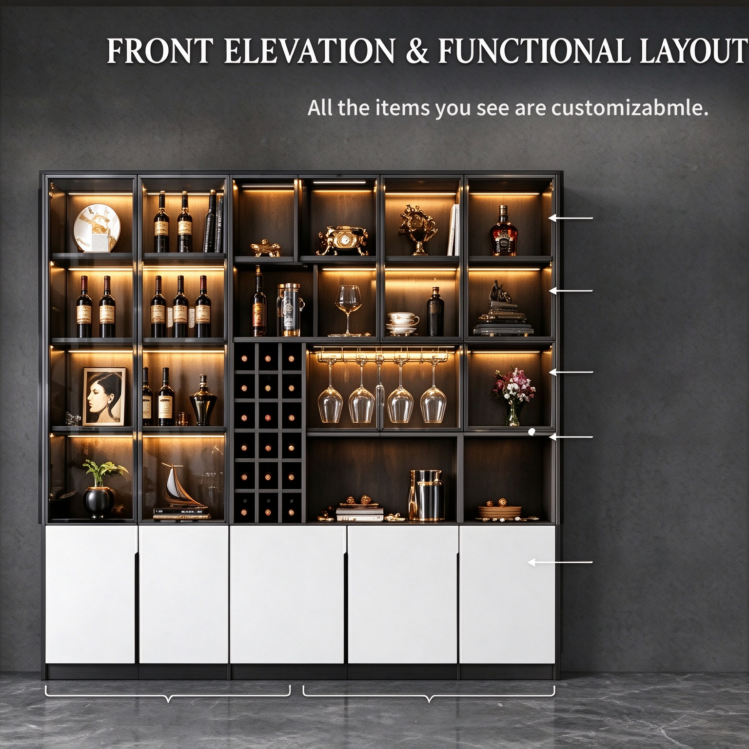 Custom Home Bar Cabinet with Wine Storage Glass Doors and Led Lighting {alt_attr_replace}