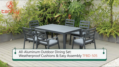 Conjunto de jantar para exterior totalmente em alumínio: almofadas resistentes às intempéries e fácil montagem TFBD-505