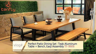 Conjunto de jantar perfeito para pátio: mesa e banco em alumínio cor teca, fácil montagem TF-9909